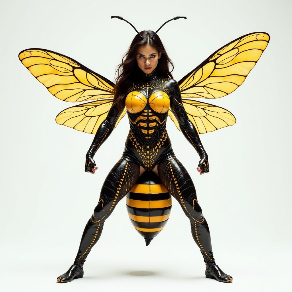  a fierce woman transforms into a bee, her body adorned with intricate bee patterns and bright yellow and black stripes. she stands prominently against a stark white background, her insect like tail protruding outward. her legs are positioned firmly on the ground, and her arms are crossed defiantly, fists clenched. her intense eyes pierce the viewer, reflecting anger, while her mouth is frowning, emphasizing her displeasure. the hyper realistic detail captures the texture of her wings and the glossiness of her exoskeleton, merging human and bee features seamlessly.