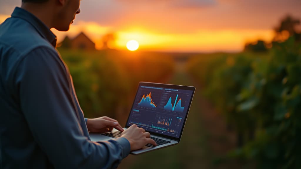  modern agriculture technology with a person using a laptop to analyze data on sustainable farming practices at sunset in a vineyard, high quality, high details, hd, perfect composition, 4k epic detailed, highly detailed, sharp focus, high resolution