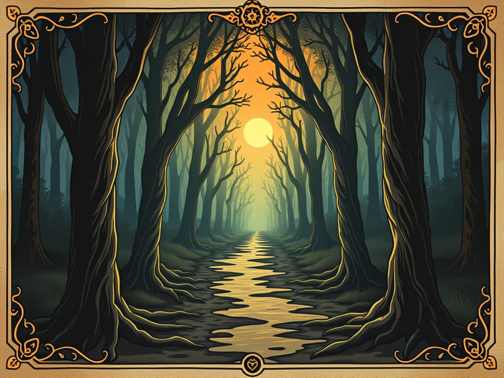  a symbolic depiction of a path clearing through a dark, dense forest, roots and old patterns being torn away by new growth, dawn breaking through, enlightening, transformative, renewing. an illustration in the style of a worn, mystical old tarot trump card, mysterious and elements of surrealism. the colors are muted, somber and eerie, but with contrast bring out an occult and esoteric vibe.