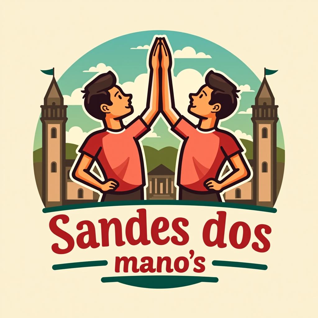  design a logo, the name is « sandes dos mano’s », this meaning sandwich of brother , and i have thinked in two brothers get a high five, with one sandwich , background a town like porto, portugal