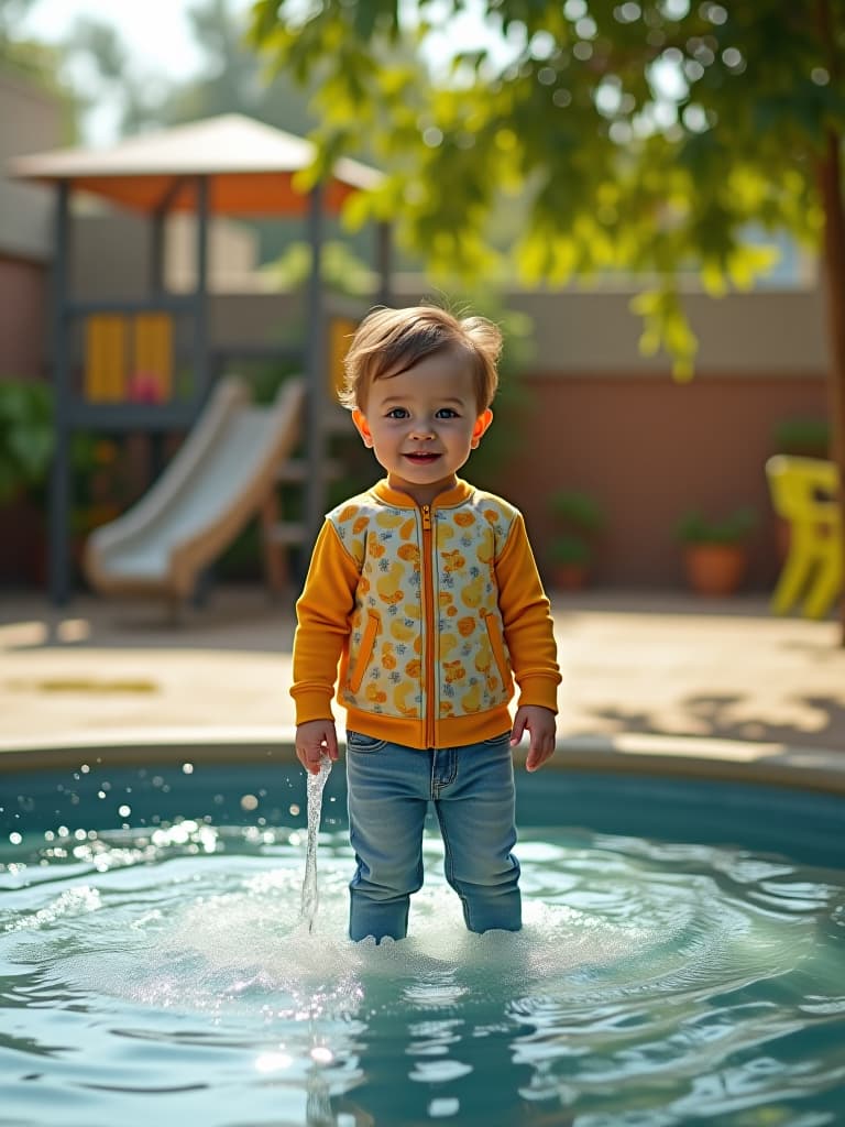  high quality portrait photo of an outdoor patio with a child safe water feature, a durable climbing structure, and a shaded sandpit area, viewed from a ground level perspective hyperrealistic, full body, detailed clothing, highly detailed, cinematic lighting, stunningly beautiful, intricate, sharp focus, f/1. 8, 85mm, (centered image composition), (professionally color graded), ((bright soft diffused light)), volumetric fog, trending on instagram, trending on tumblr, HDR 4K, 8K