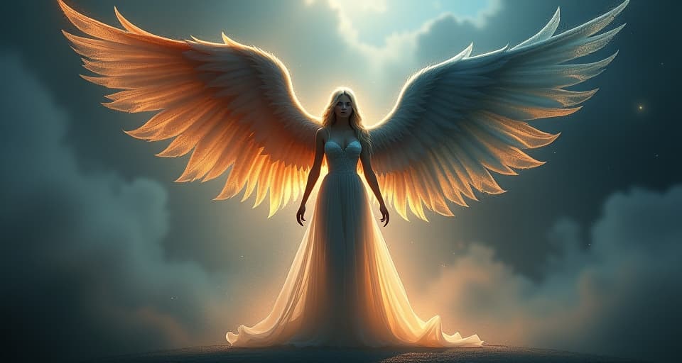  a mystical figure with dual wings, one radiant and glowing, the other dark and shadowy, standing at the crossroads of an ethereal realm, embodying the fusion of light and darkness.. the style is digital art illustration,highly detailed, whimsical,magical, dreamlike atmosphere, realism and fantasy blend, smooth, glossy textures,luminous quality, wonder and enchantment.