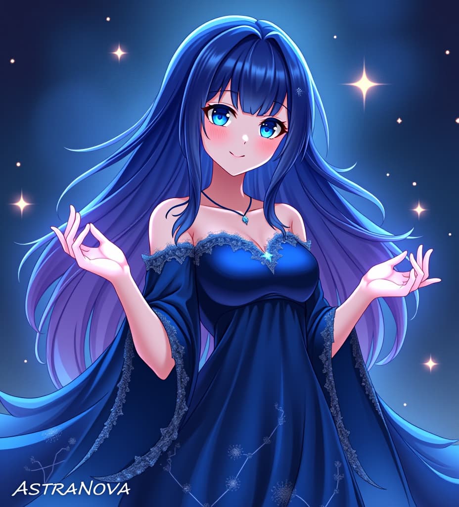  astranova has long, flowing hair that subtly changes colors, mimicking the night sky, transitioning from deep blues to purples, and dotted with star like silver specks. her striking sapphire eyes reflect a deep sense of knowledge and mystery. she is dressed in a flowing gown that appears to be made from the night sky itself, adorned with shimmering constellation patterns. her hands emit a soft, luminescent glow, enveloping her surroundings in a serene aura. anime style illustration. pixiv.