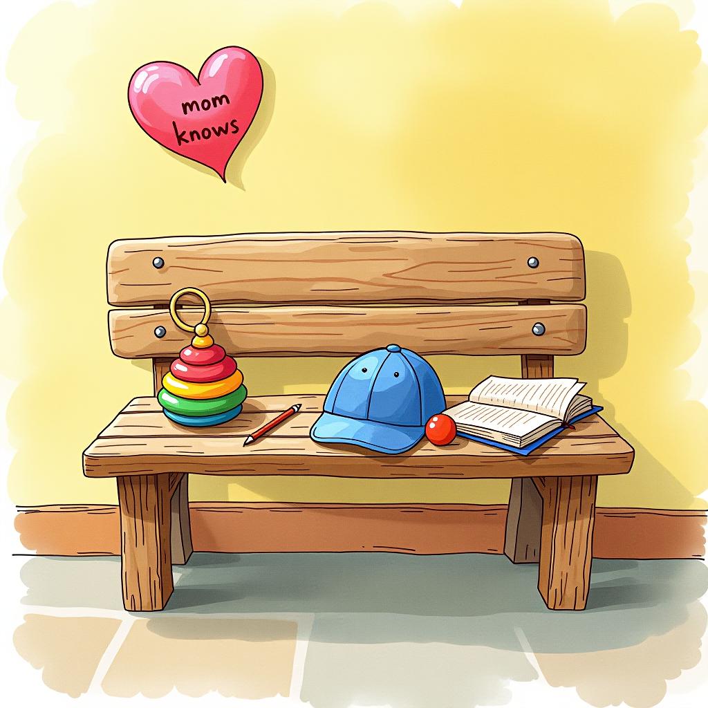  i present a picture: the drawing depicts a bench in a children's club. on it are forgotten items: a colorful toy, a blue cap, an open diary with notes, and a small ball. in the corner of the picture, above these items, there's a heart ♥️ with the caption "mom knows." the atmosphere around is bright and cozy, creating a sense of warmth and nostalgia. the drawing is done in soft pastel colors, reminiscent of carefree childhood.