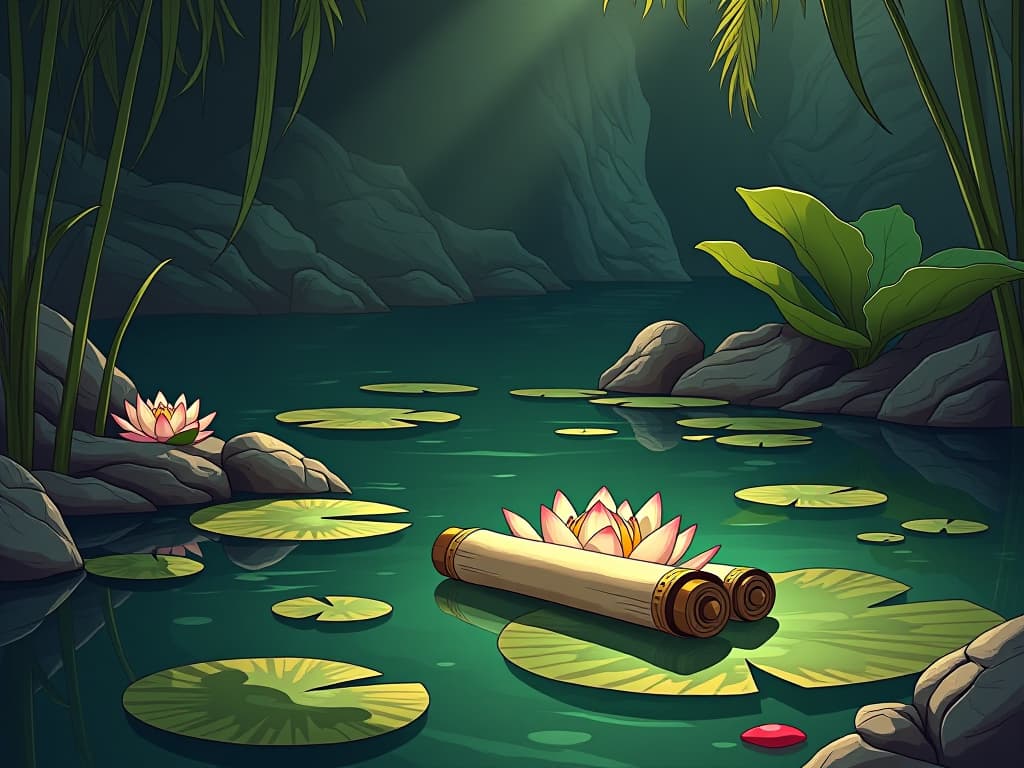  a tranquil pond in a hidden oasis, lotus flowers floating on the surface, with a single papyrus scroll gently drifting in the water, symbolizing serene sense of completion. the style is digital art illustration / modern comic book / mysterious occult, symbolic, esoteric vibe,high detail on character design, incorporating ancient egyptian symbology and attire.