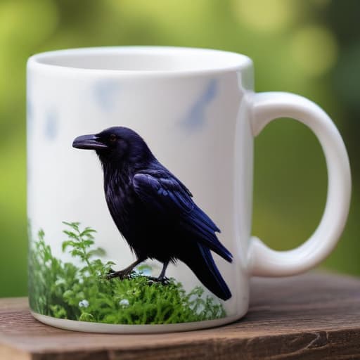 Coffee mug with Raven for Etsy shop in Macro Photography style with Nature background