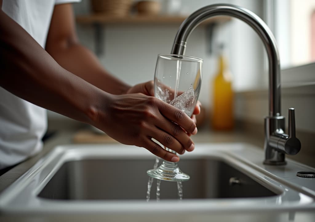  close up of young man washing a glass in sink at home close up of young man hands washing a glass in sink at home. african male doing dishes in kitchen at home.