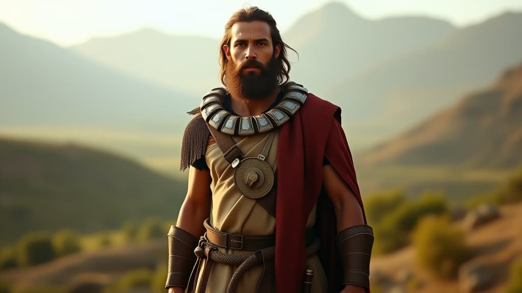  history of biblical times, a portrait of gideon, standing heroically with a backdrop of the land he liberated, representing the enduring legacy of his faith and leadership. hyperrealistic, full body, detailed clothing, highly detailed, cinematic lighting, stunningly beautiful, intricate, sharp focus, f/1. 8, 85mm, (centered image composition), (professionally color graded), ((bright soft diffused light)), volumetric fog, trending on instagram, trending on tumblr, HDR 4K, 8K