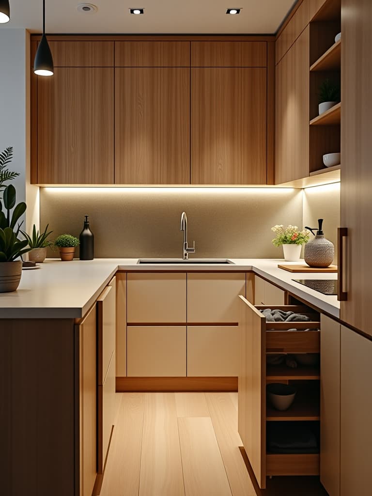  a portrait photo of a compact kitchen with cleverly designed pull out drawers and vertical storage solutions, showcasing efficient use of space in a modern, minimalist style hyperrealistic, full body, detailed clothing, highly detailed, cinematic lighting, stunningly beautiful, intricate, sharp focus, f/1. 8, 85mm, (centered image composition), (professionally color graded), ((bright soft diffused light)), volumetric fog, trending on instagram, trending on tumblr, HDR 4K, 8K