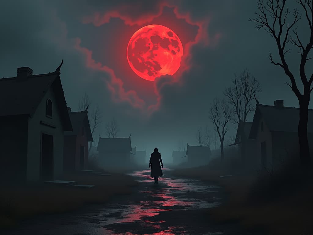  abandoned village under dark clouds, solitary character wandering, omnipresent loneliness and alienation. the style is dark fantasy and mysterious occult, symbolic, moody lighting, esoteric vibe,high detail on character design. for the color scheme emphasize blacks and reds.