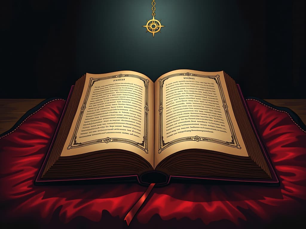  book of sacred values bound in red leather, open to an illuminated page, sense of reverence and honor. the style is digital art illustration / modern comic book / graphic dark novel fantasy and mysterious occult, symbolic, moody lighting, esoteric vibe,high detail on character design. for the color scheme emphasize blacks and reds.