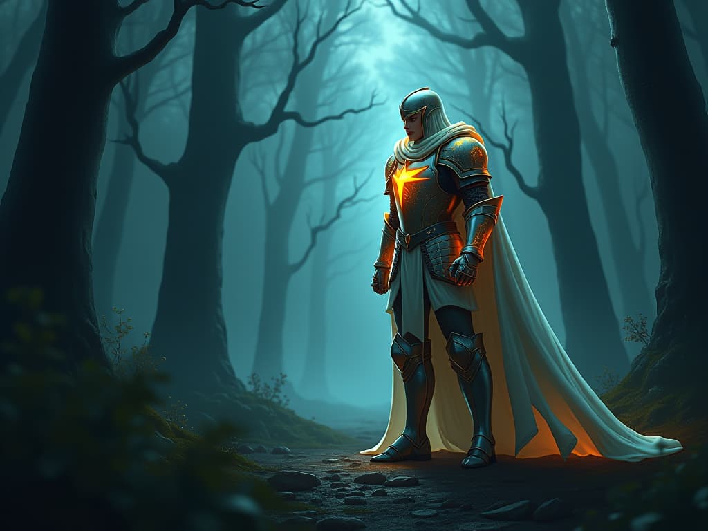  an ethereal knight in glowing armor standing at the edge of a dark, foreboding forest. their expression is resolute, symbolizing courage in the face of fear.. the style is digital art illustration,highly detailed, whimsical,magical, dreamlike atmosphere, realism and fantasy blend, smooth, glossy textures,luminous quality, wonder and enchantment.