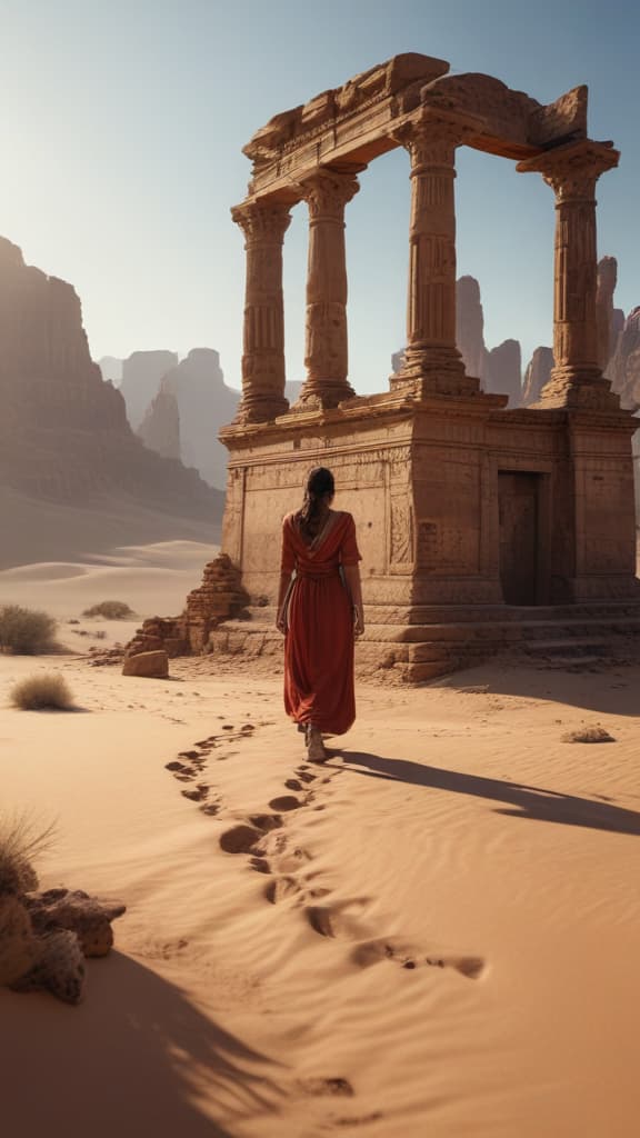 ((masterpiece)),(((best quality))), 8k, high detailed, ultra detailed, (An ancient ruins in a mystical desert), detailed sand dunes, best shadows, high contrast, best lighting, delicate and beautiful hyperrealistic, full body, detailed clothing, highly detailed, cinematic lighting, stunningly beautiful, intricate, sharp focus, f/1. 8, 85mm, (centered image composition), (professionally color graded), ((bright soft diffused light)), volumetric fog, trending on instagram, trending on tumblr, HDR 4K, 8K