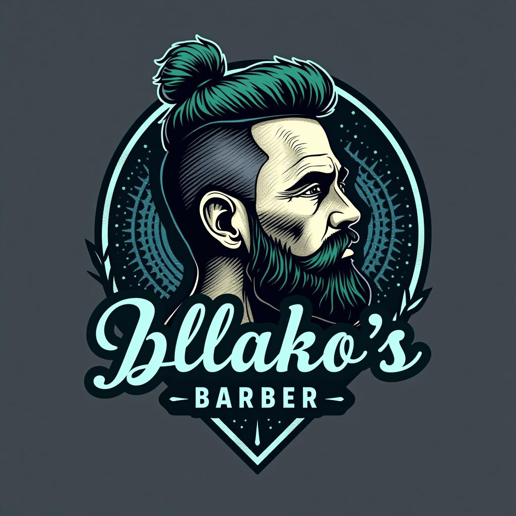  design a logo, logo de un grafito pintado con colores azul,negro,fuxia,verde agua , with the text 'bllako’s barber'.