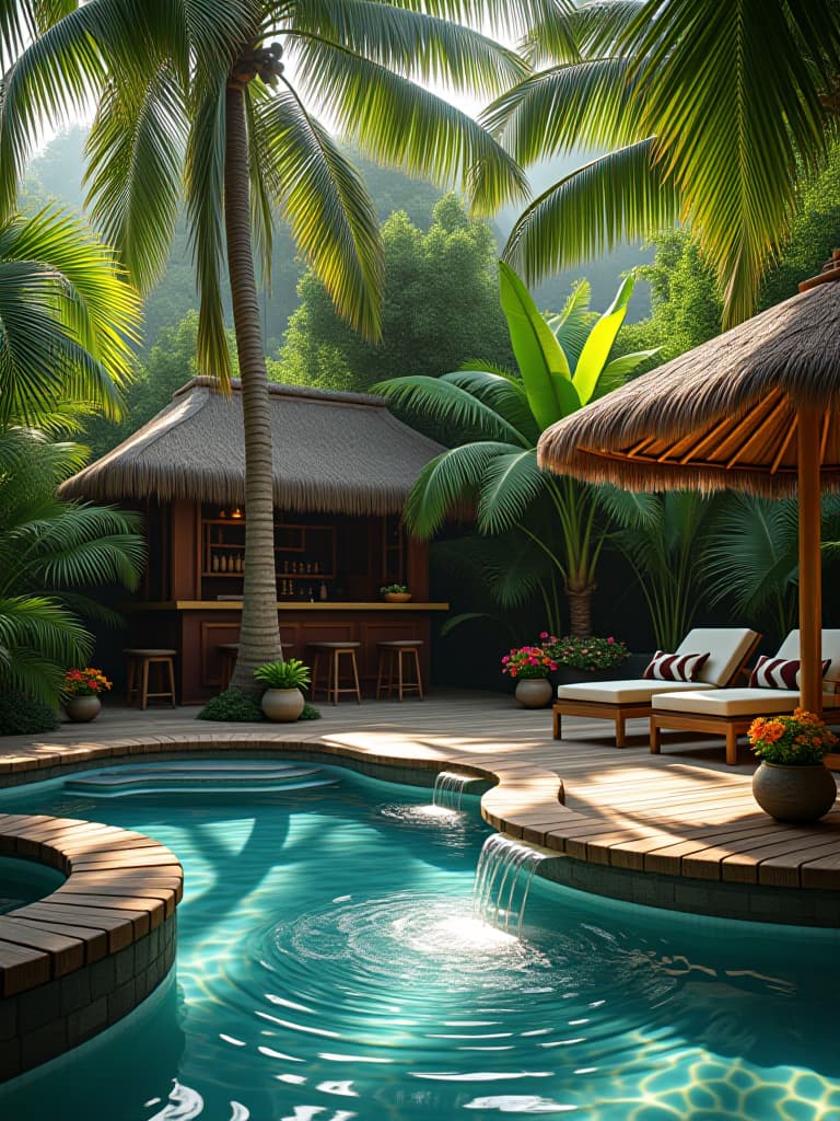  high quality portrait photo of a tropical paradise patio featuring lush palm trees, vibrant flowers, a tiki bar, bamboo furniture, and a crystal clear plunge pool with a small waterfall, set against a backdrop of exotic foliage hyperrealistic, full body, detailed clothing, highly detailed, cinematic lighting, stunningly beautiful, intricate, sharp focus, f/1. 8, 85mm, (centered image composition), (professionally color graded), ((bright soft diffused light)), volumetric fog, trending on instagram, trending on tumblr, HDR 4K, 8K