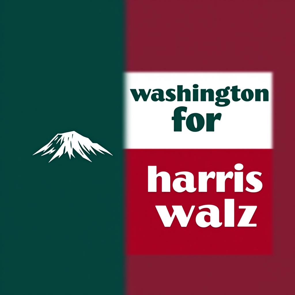  a design inspired by the washington state flag. the left side features a green vertical stripe with mt. rainer in the center. the right side is divided into two horizontal sections: the top section is white with the text 'washington for' in bold, green, uppercase letters, and the bottom section is red with the text 'harris walz' in bold, white, uppercase letters. the overall layout is clean and straightforward, with a clear and patriotic color scheme of blue, white, and red.