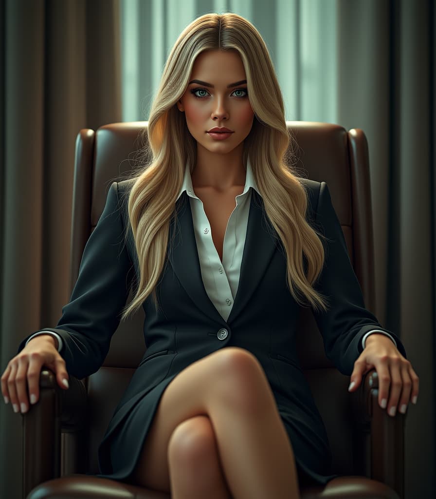  hyperrealistic art a woman in a strict business suit. a jacket, a skirt. light long hair collected on the tail. he's in the chair, his leg. strict eyes. downstairs. . extremely high resolution details, photographic, realism pushed to extreme, fine texture, incredibly lifelike hyperrealistic, full body, detailed clothing, highly detailed, cinematic lighting, stunningly beautiful, intricate, sharp focus, f/1. 8, 85mm, (centered image composition), (professionally color graded), ((bright soft diffused light)), volumetric fog, trending on instagram, trending on tumblr, HDR 4K, 8K