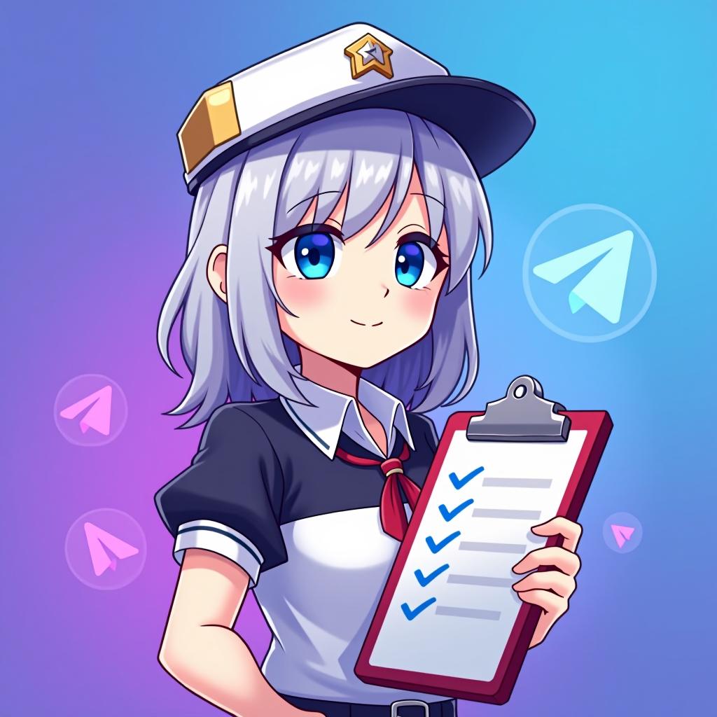  good quality, high quality, a profile picture for a telegram group management bot featuring emilia from re:zero. emilia is depicted with her silver hair and blue eyes, with hat, holding a stylized clipboard with a checklist. the background is a soft gradient of telegram logo purple and blue, symbolizing efficiency and organization. the telegram iconic logo is subtly integrated into the background, starting small near emilia and gradually growing in size and brightness as it moves outward, blending smoothly with the gradient colors.