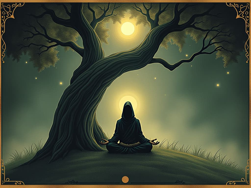  a robed figure meditating under a mystical tree, glowing energy surrounding him, transcendence and transformation, serene atmosphere. an illustration in the style of a worn, mystical old tarot trump card, mysterious and elements of surrealism. the colors are muted, somber and eerie, but with contrast bring out an occult and esoteric vibe.