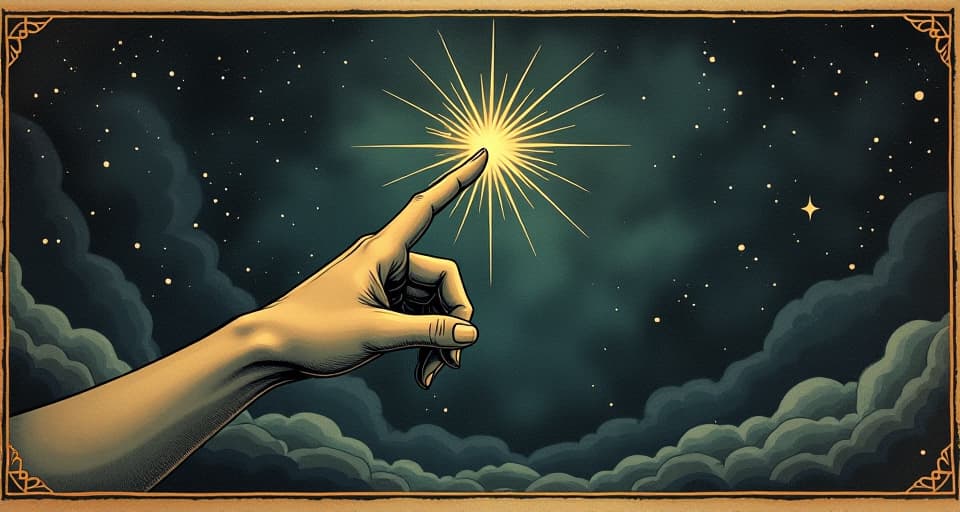  a starry sky with a celestial finger pointing towards the viewer, urging gesture, vast cosmos, calling, awakening. an illustration in the style of a worn, mystical old tarot trump card, mysterious and elements of surrealism. the colors are muted, somber and eerie, but with contrast bring out an occult and esoteric vibe.