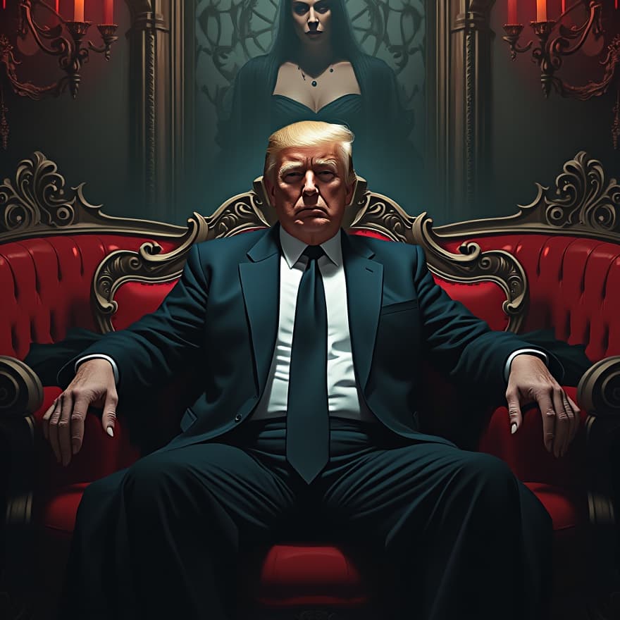  modern digital painting by simon cowell; a middle shot of donald trump sitting on an ornate couch in a dimly lit vampire themed lounge; trump wearing gothic attire; supernatural powers radiating from him; captivating presence; languid pose; hypnotic eyes; dark and moody atmosphere; intricate details in the background with vampire motifs; rich textures in the couch and clothing; dramatic lighting emphasizing features; modern artistic style; vivid colors blending with shadows