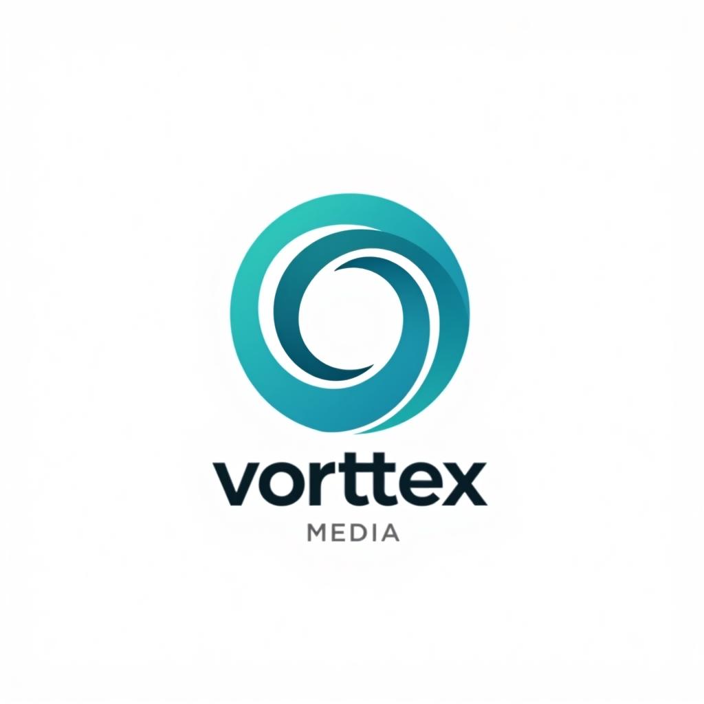  design a logo, a company logo with a circular vortex logo, clean beautiful design, simple, beautiful aesthetic, duotone blue and teal on white background, sharp, clean lines, hurricane, with the text 'vortex media'.