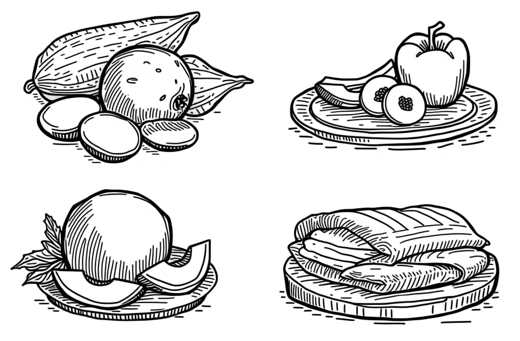  contour, very simple image in one unbroken black ink line, single line of table of macronutrients. fiber, proteins, fats and carbs presented by food products ar 3:2 using a single continuous black line ink brushon white background, drawing should be created without lifting the pen, recognizable features of table of macronutrients. fiber, proteins, fats and carbs presented by food products ar 3:2 in one unbroken line