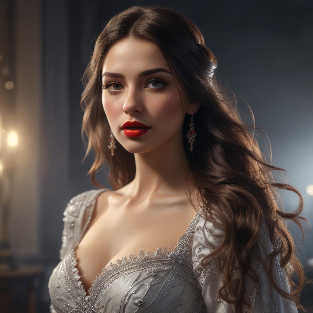 ((masterpiece)), (((best quality))), 8k, high detailed, ultra detailed, A , eyes, red lipstick, long flowing hair, elegant dress, dramatic lighting hyperrealistic, full body, detailed clothing, highly detailed, cinematic lighting, stunningly beautiful, intricate, sharp focus, f/1. 8, 85mm, (centered image composition), (professionally color graded), ((bright soft diffused light)), volumetric fog, trending on instagram, trending on tumblr, HDR 4K, 8K