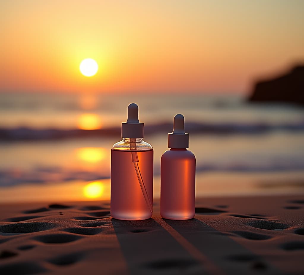  cosmetic bottles on the beach at sunset. concept of health and beauty.