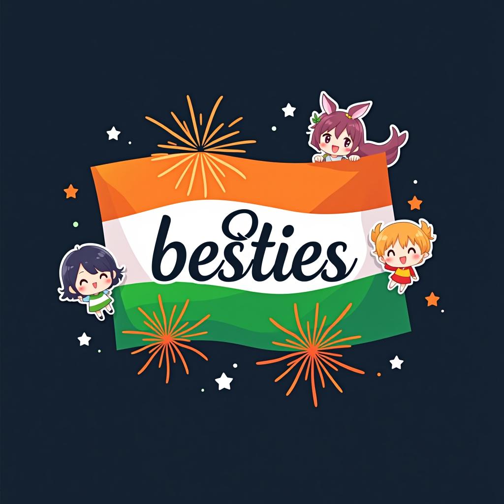  design a festive and cute profile picture logo for a group named 'besties' to celete independence day in india, with an anime aesthetic. the logo should feature vint colors from the indian flag (saffron, white, and green) and include anime style ilrations of a cute and in the corners. they should be dressed in traditional indian attire or holding small flags. the central part of the logo should display 'besties' in a , anime inspired font. add anime style independence day elements, such as stylized fireworks or the ashoka chakra, to enhance the festive mood. the overall design should be charming, colorful, and full of celetory spirit.