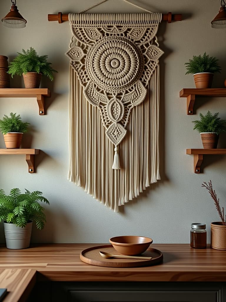  high quality portrait photo of a rustic kitchen wall adorned with a large, handmade macramé wall hanging featuring intricate patterns and tassels, flanked by wooden floating shelves displaying potted herbs hyperrealistic, full body, detailed clothing, highly detailed, cinematic lighting, stunningly beautiful, intricate, sharp focus, f/1. 8, 85mm, (centered image composition), (professionally color graded), ((bright soft diffused light)), volumetric fog, trending on instagram, trending on tumblr, HDR 4K, 8K