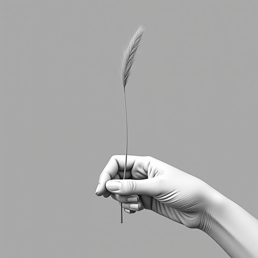  a single dry blade of grass in a woman's hand against a gray background. light falls on the woman's hand and the blade of grass, though the light source is not visible. the style is graphic, with a pencil drawing.