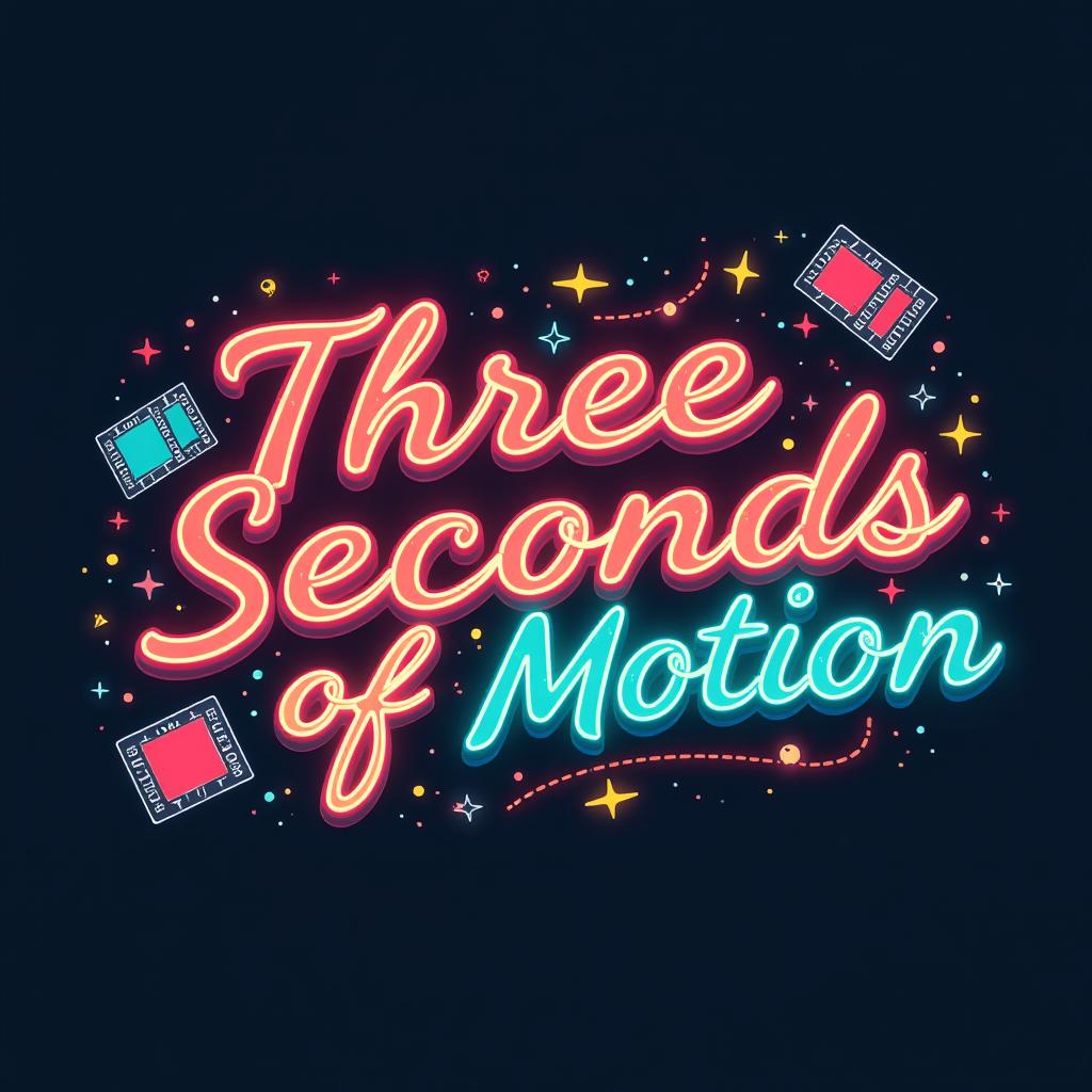  a high energy podcast logo for "three seconds of motion" that incorporates fluid animated text, film frames, and stylized graphic design tools. bold, vibrant red and teal colors with a glowing outline, abstract background elements representing creativity and movement. high contrast, vector based design, clean modern aesthetic, subtle depth, high quality, high details, hd, perfect composition, 4k epic detailed, highly detailed, sharp focus, high resolution