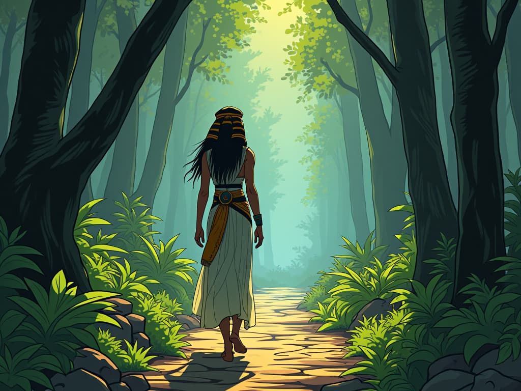  a person walking on a forest trail, their face serene and peaceful, surrounded by lush foliage, rejuvenating atmosphere. the style is digital art illustration / modern comic book / mysterious occult, symbolic, esoteric vibe,high detail on character design, incorporating ancient egyptian symbology and attire.