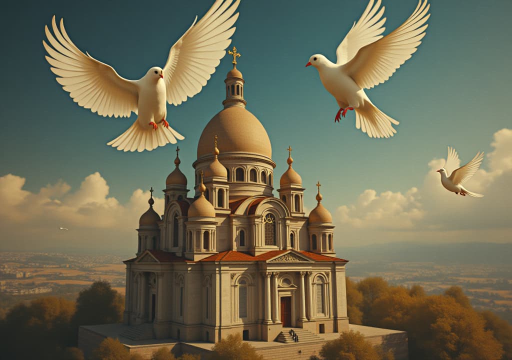  gypsy girl flying over cathedral with wings of dove with text label "michalina flying high"