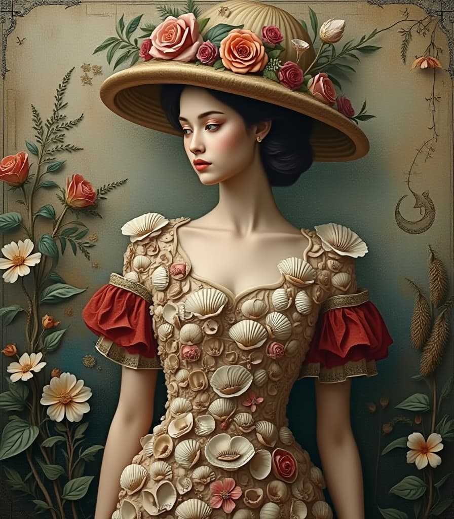  texture a masterpiece. oil painting. (beautiful woman wearing a dress of shells and (on her head a beautiful hat with a rim, in the shape of a shell:1.5), in the style of plants and flowers from the voynich manuscript:1.5). the style of the artist dürer. surrealism, abstraction, fantasy. high detail, high definition, high resolution. top down close up