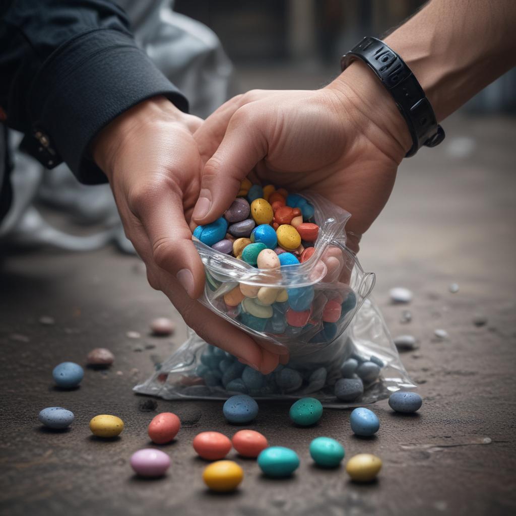 A close-up image of a police officer's hand holding several small clear plastic bags filled with various colored pills and powders, with a pair of handcuffs in the background. The image conveys the arrest of a man with over 200 drug portions during a holiday in Caraguá.ultra-detailed, 4k hyperrealistic, full body, detailed clothing, highly detailed, cinematic lighting, stunningly beautiful, intricate, sharp focus, f/1. 8, 85mm, (centered image composition), (professionally color graded), ((bright soft diffused light)), volumetric fog, trending on instagram, trending on tumblr, HDR 4K, 8K