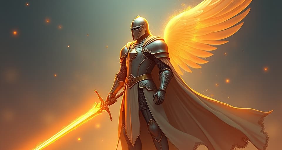  an ethereal knight in radiant armor, holding a blazing, divine sword, standing resolute as they call out the hypocrisy, betrayal, and cowardice surrounding them.. the style is digital art illustration,highly detailed, whimsical,magical, dreamlike atmosphere, realism and fantasy blend, smooth, glossy textures,luminous quality, wonder and enchantment.