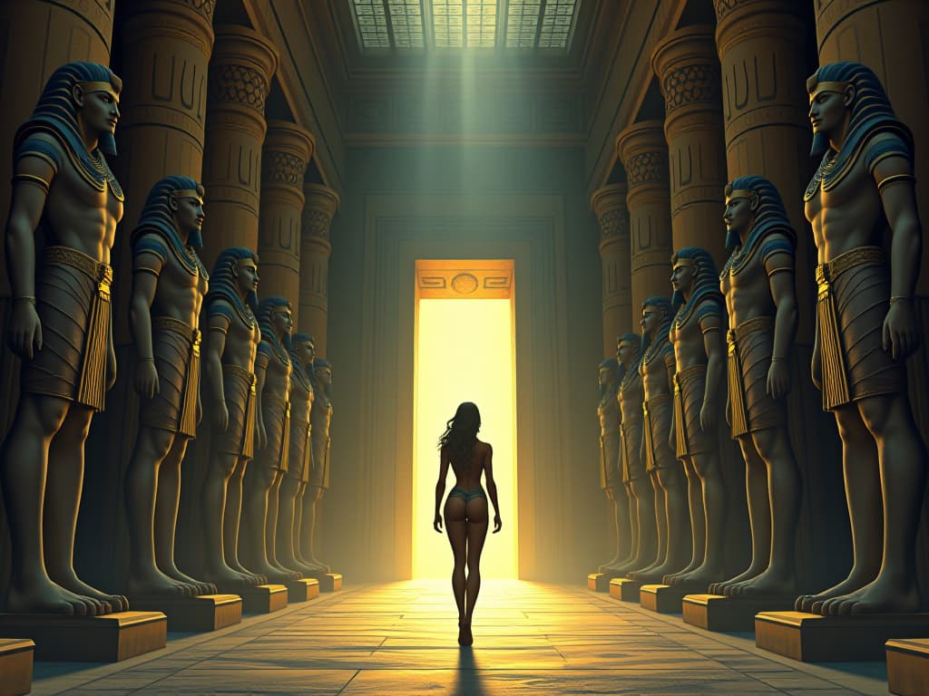  a grand chamber lined with colossal statues of gods, a single large busted woman in form fitting attire, standing in the center, light streaming down, unlocking a hidden doorway, symbolizing hidden potential. the style is digital art illustration / modern comic book / mysterious occult, symbolic, esoteric vibe,high detail on character design, incorporating ancient egyptian symbology and attire.