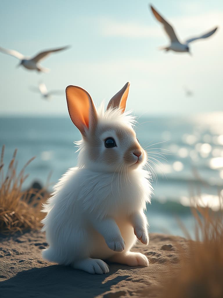  little rabbits are standing on an open coastline, facing a sea of light. its eyes were full of curiosity and consternation, and the sea wind blew its white hair. in the background, the distant sea level is integrated with the sky, and seabirds fly in the air, and the picture is full of exploration。