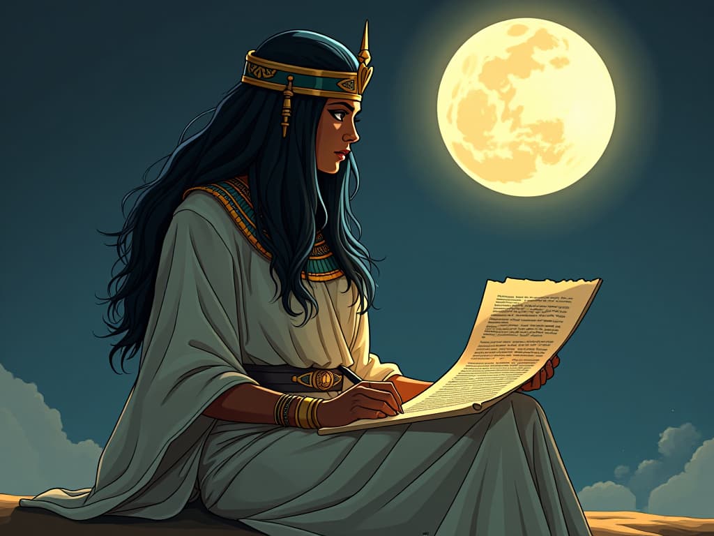  a scribe in traditional ancient egyptian attire, seated under the full moon, papyrus scroll in hand, hieroglyphs glowing faintly, large busted, exotic beauty in sheer linen robes, symbolic of new beginnings, intellectual trailblazing. the style is digital art illustration / modern comic book / mysterious occult, symbolic, esoteric vibe,high detail on character design, incorporating ancient egyptian symbology and attire.