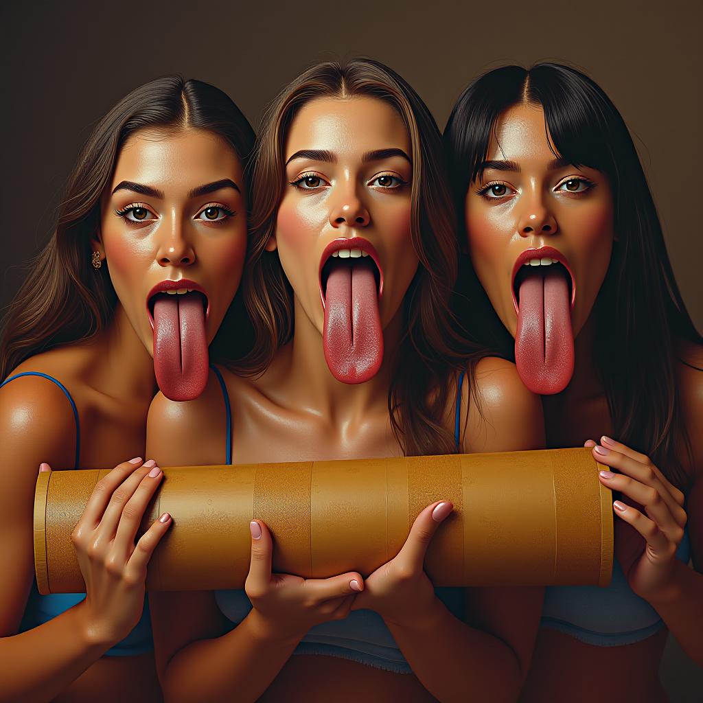  charlie’s angels sticking their large flat tongues fully out, covered in sweat, holding a tan colored cylinder with a mushroom at the end, award winning, professional, highly detailed, masterpiece