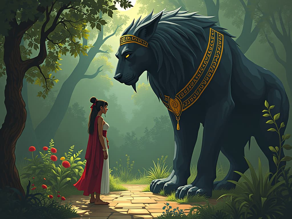  person unburdening their soul to a serene, large busted confidant in a quiet garden, symbolizing solace and strength. the style is digital art illustration / modern comic book / mysterious occult, symbolic, esoteric vibe,high detail on character design, incorporating ancient egyptian symbology and attire.