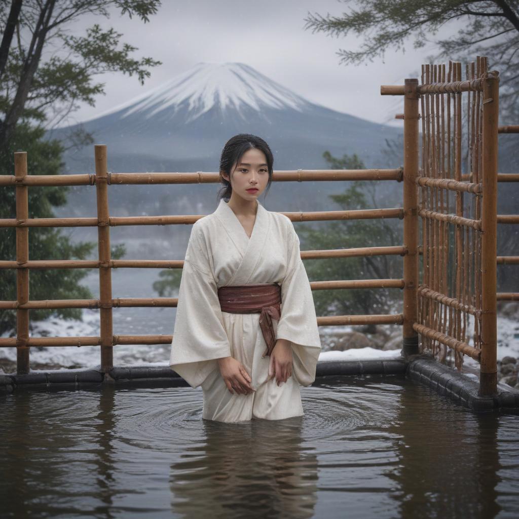 ((masterpiece)),(((best quality))), 8k, high detailed, ultra detailed, An exquisite depiction of a Japanese woman immersed in an outdoor hot spring, Mount Fuji visible in the distance, traditional bamboo fence surrounding the area, a gentle snowfall adding to the peaceful ambiance hyperrealistic, full body, detailed clothing, highly detailed, cinematic lighting, stunningly beautiful, intricate, sharp focus, f/1. 8, 85mm, (centered image composition), (professionally color graded), ((bright soft diffused light)), volumetric fog, trending on instagram, trending on tumblr, HDR 4K, 8K