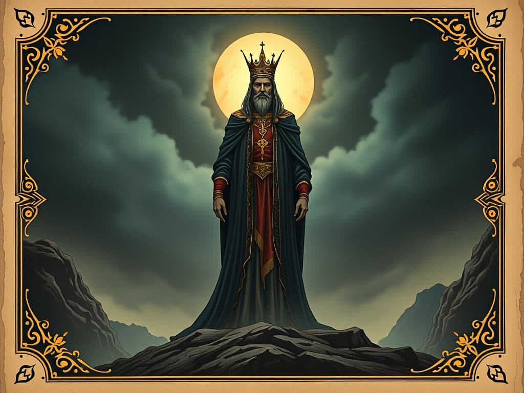  a regal figure with a crown, standing firm amidst a storm, unwavering posture, resilience, mastery. an illustration in the style of a worn, mystical old tarot trump card, mysterious and elements of surrealism. the colors are muted, somber and eerie, but with contrast bring out an occult and esoteric vibe.