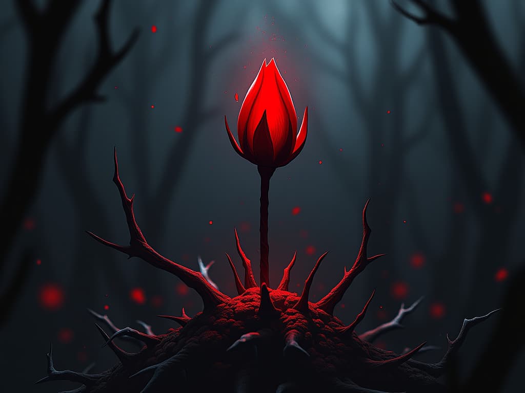  red budding flower among thorns, internal battle leading to growth, sense of hope. the style is digital art illustration / modern comic book / graphic dark novel fantasy and mysterious occult, symbolic, moody lighting, esoteric vibe,high detail on character design. for the color scheme emphasize blacks and reds.