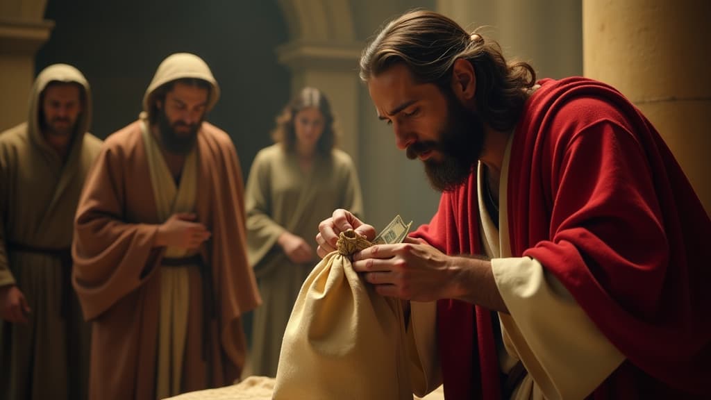  history of biblical times, a close up scene of judas stealing money from the collection bag, reflecting his flawed character and the theme of greed. hyperrealistic, full body, detailed clothing, highly detailed, cinematic lighting, stunningly beautiful, intricate, sharp focus, f/1. 8, 85mm, (centered image composition), (professionally color graded), ((bright soft diffused light)), volumetric fog, trending on instagram, trending on tumblr, HDR 4K, 8K