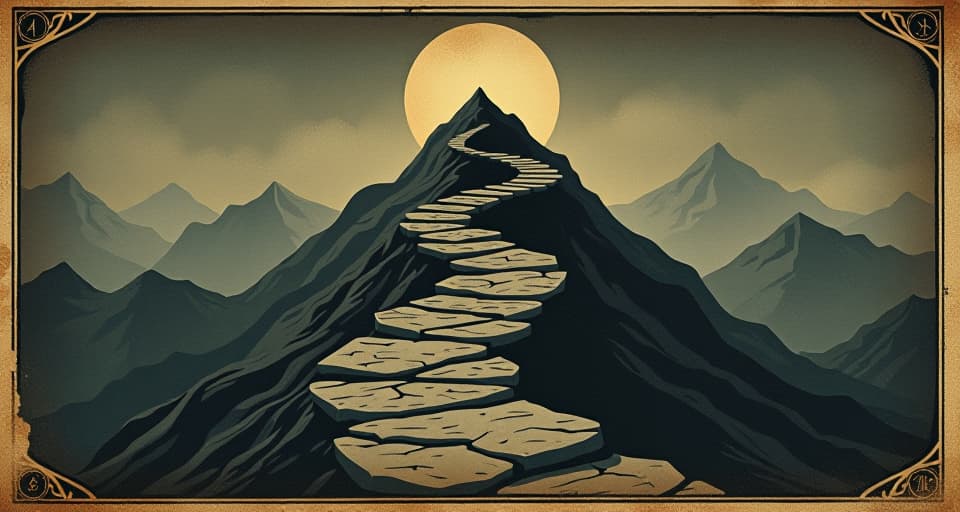  a winding path leading up a mountain, each step represented by ascending stones, leading towards a peak in the distance, journey, elevation, ambition. an illustration in the style of a worn, mystical old tarot trump card, mysterious and elements of surrealism. the colors are muted, somber and eerie, but with contrast bring out an occult and esoteric vibe.