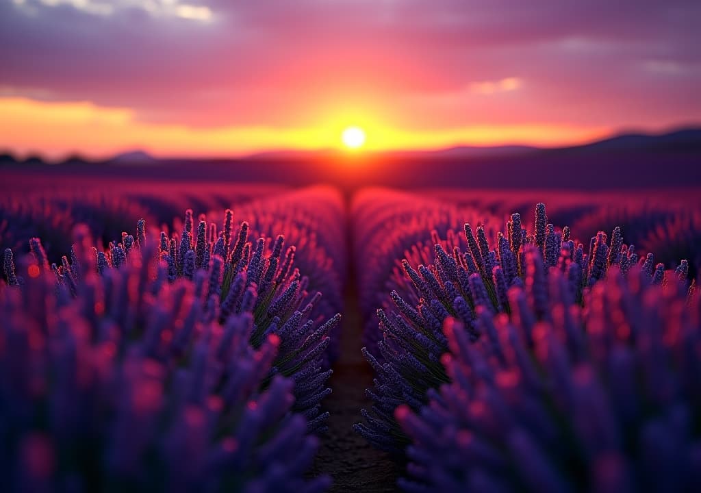  enigmatic golden in vibrant lavender field at twilight