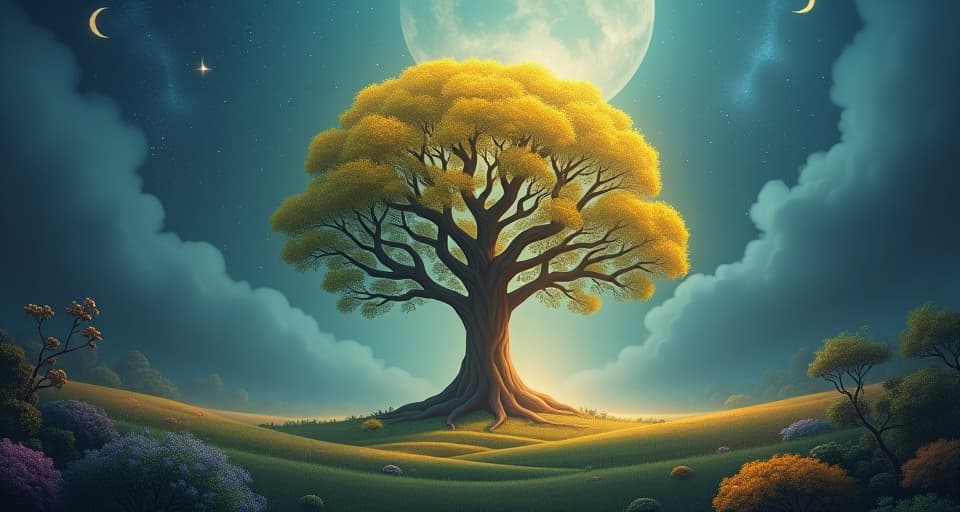  a tranquil, celestial garden illuminated by soft, divine light. an ancient, majestic tree with glowing leaves stands at the center, symbolizing the blessing of solitude.. the style is digital art illustration,highly detailed, whimsical,magical, dreamlike atmosphere, realism and fantasy blend, smooth, glossy textures,luminous quality, wonder and enchantment.